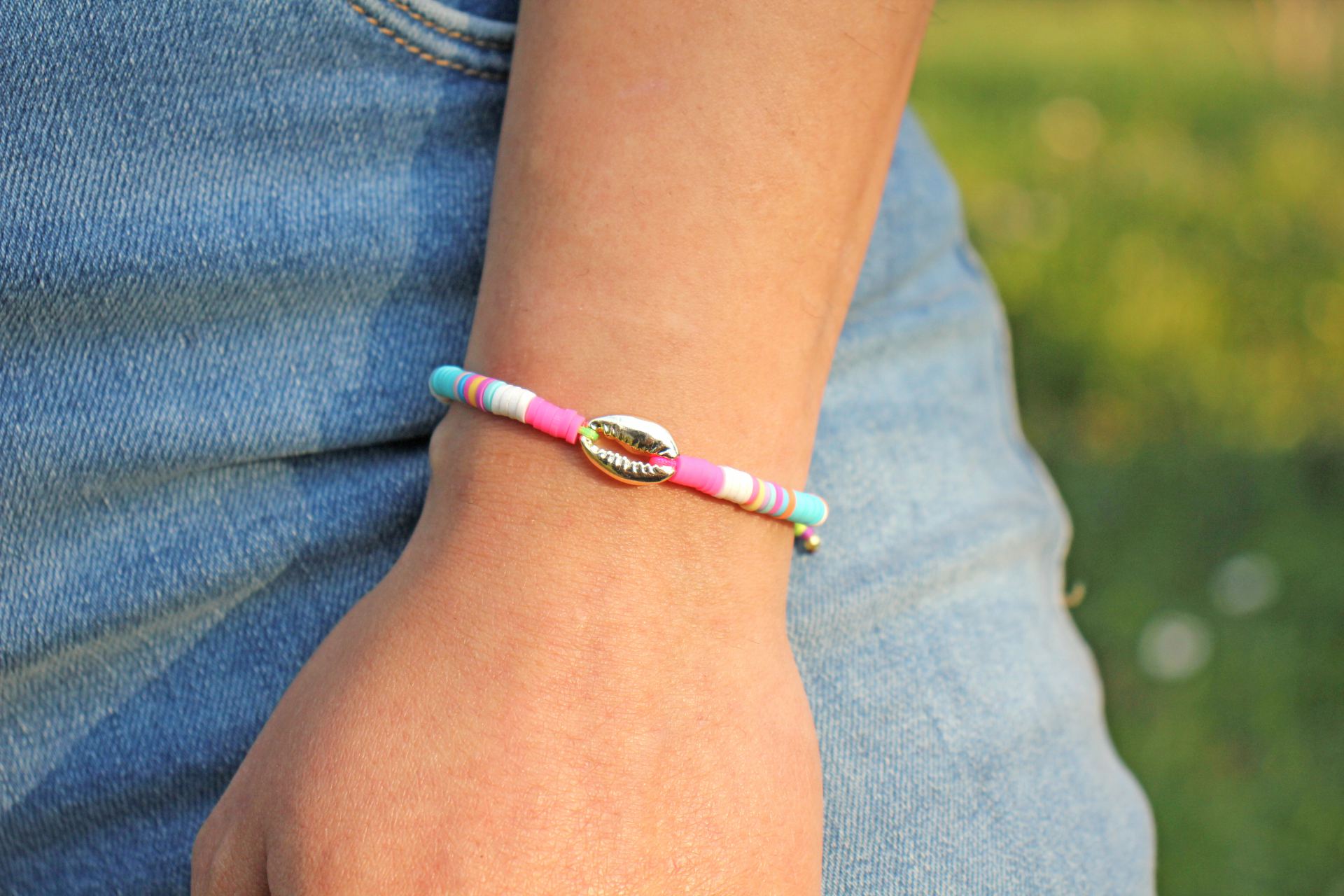 multicolor-heishi-bracelet-love-charm